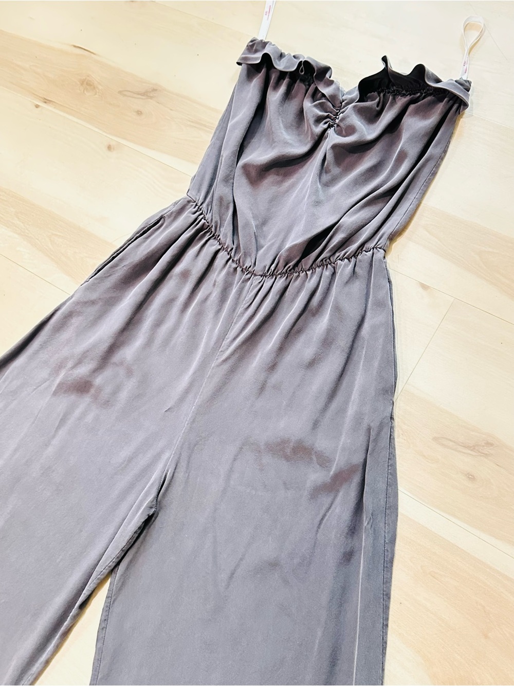 Karina Grimaldi strapless silk jumpsuit M elastic waist ruffled neckline - Picture 5 of 13